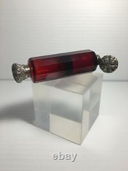 Antique Sterling Silver Double Sided Cranberry Glass Scent Decanter