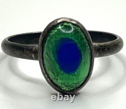 Antique Sterling Silver Foil Peacock Glass Ring Size 5