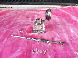 Antique Sterling Silver Fountain Pen With Sterling Silver And Glass Inkwell