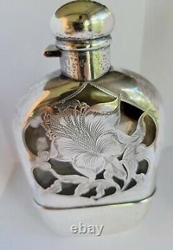 Antique Sterling Silver & Glass Crystal Hip Flip Up Flask Matthews Co. C. 1910