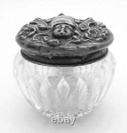 Antique Sterling Silver + Glass Dresser Powder Jar, Art Nouveau Woman Repousse