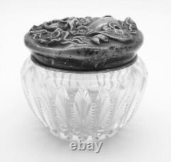 Antique Sterling Silver + Glass Dresser Powder Jar, Art Nouveau Woman Repousse