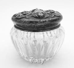 Antique Sterling Silver + Glass Dresser Powder Jar, Art Nouveau Woman Repousse