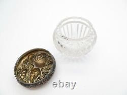 Antique Sterling Silver + Glass Dresser Powder Jar, Art Nouveau Woman Repousse