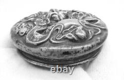 Antique Sterling Silver + Glass Dresser Powder Jar, Art Nouveau Woman Repousse