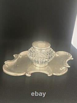 Antique Sterling Silver Glass Inkwell Tray Set