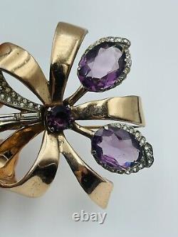 Antique Sterling Silver Gold Vermeil Rhinestone Purple Glass Large Brooch Pin
