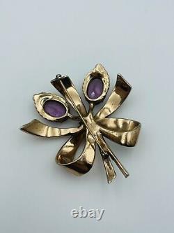 Antique Sterling Silver Gold Vermeil Rhinestone Purple Glass Large Brooch Pin