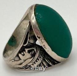 Antique Sterling Silver Green Glass Cabochon Native American Chief Ring