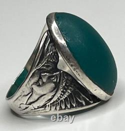 Antique Sterling Silver Green Glass Cabochon Native American Chief Ring