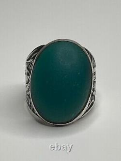 Antique Sterling Silver Green Glass Cabochon Native American Chief Ring