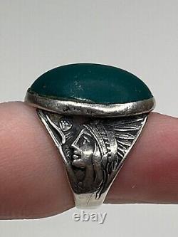 Antique Sterling Silver Green Glass Cabochon Native American Chief Ring