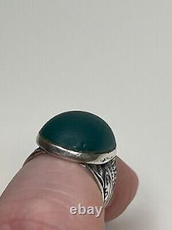 Antique Sterling Silver Green Glass Cabochon Native American Chief Ring