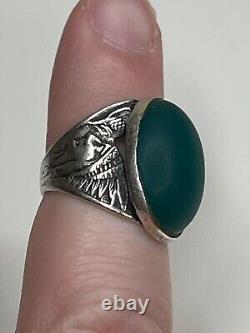 Antique Sterling Silver Green Glass Cabochon Native American Chief Ring