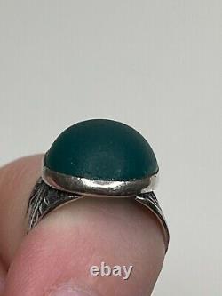 Antique Sterling Silver Green Glass Cabochon Native American Chief Ring