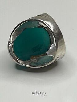 Antique Sterling Silver Green Glass Cabochon Native American Chief Ring