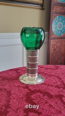 Antique Sterling Silver Green Glass Insert Vase, 9 1/2 Tall