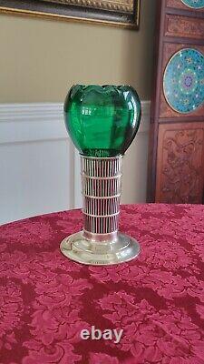 Antique Sterling Silver Green Glass Insert Vase, 9 1/2 Tall