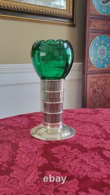 Antique Sterling Silver Green Glass Insert Vase, 9 1/2 Tall