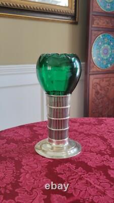 Antique Sterling Silver Green Glass Insert Vase, 9 1/2 Tall