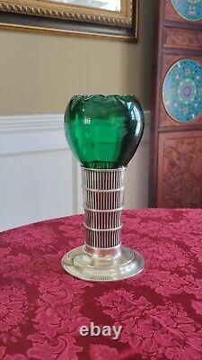 Antique Sterling Silver Green Glass Insert Vase, 9 1/2 Tall