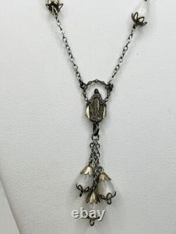 Antique Sterling Silver Italy Mary Medal Moon Glow Glass Rosary Style Necklace