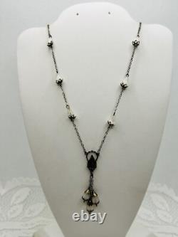 Antique Sterling Silver Italy Mary Medal Moon Glow Glass Rosary Style Necklace