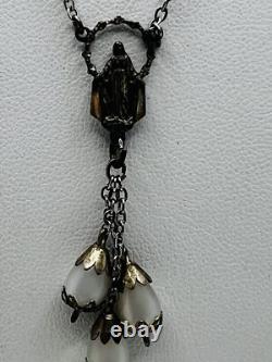 Antique Sterling Silver Italy Mary Medal Moon Glow Glass Rosary Style Necklace