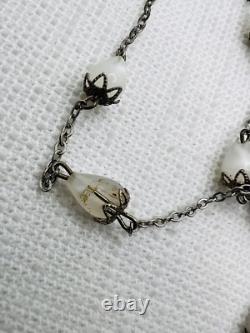 Antique Sterling Silver Italy Mary Medal Moon Glow Glass Rosary Style Necklace