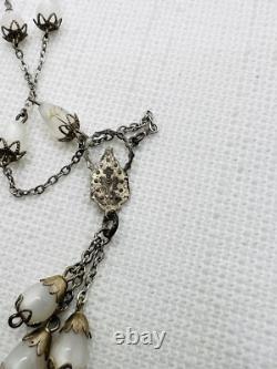 Antique Sterling Silver Italy Mary Medal Moon Glow Glass Rosary Style Necklace