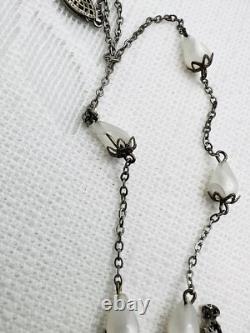 Antique Sterling Silver Italy Mary Medal Moon Glow Glass Rosary Style Necklace