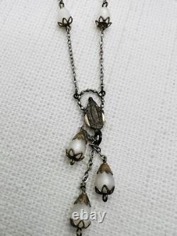 Antique Sterling Silver Italy Mary Medal Moon Glow Glass Rosary Style Necklace