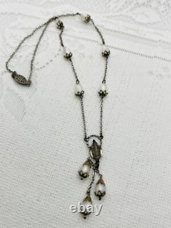 Antique Sterling Silver Italy Mary Medal Moon Glow Glass Rosary Style Necklace
