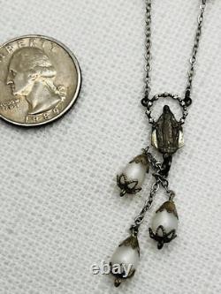 Antique Sterling Silver Italy Mary Medal Moon Glow Glass Rosary Style Necklace