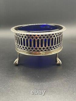 Antique Sterling Silver London, 1911 Open Salt Cellar with Blue Glass Liner