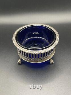 Antique Sterling Silver London, 1911 Open Salt Cellar with Blue Glass Liner