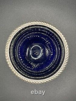 Antique Sterling Silver London, 1911 Open Salt Cellar with Blue Glass Liner