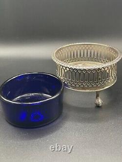 Antique Sterling Silver London, 1911 Open Salt Cellar with Blue Glass Liner
