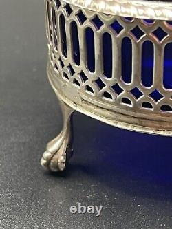 Antique Sterling Silver London, 1911 Open Salt Cellar with Blue Glass Liner