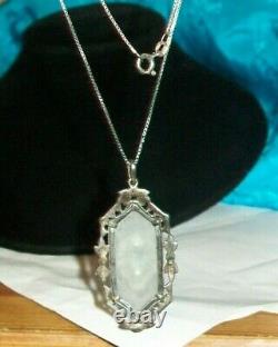 Antique Sterling Silver Marcasite Camphor Glass Pendant 18 Necklace signed