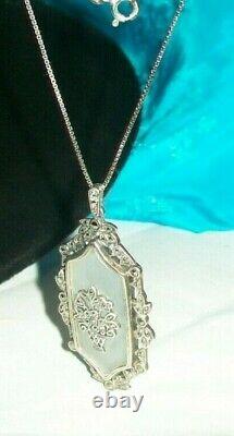 Antique Sterling Silver Marcasite Camphor Glass Pendant 18 Necklace signed