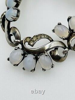 Antique Sterling Silver Moonstone Glass & Rhinestone Bracelet Attributed To Reja