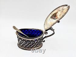 Antique Sterling Silver Mustard Pot, Spoon And Cobalt Blue Glass Lining England