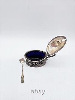 Antique Sterling Silver Mustard Pot, Spoon And Cobalt Blue Glass Lining England