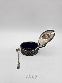 Antique Sterling Silver Mustard Pot, Spoon And Cobalt Blue Glass Lining England