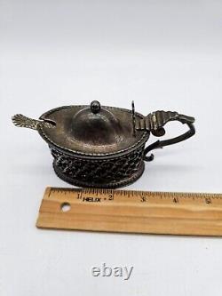 Antique Sterling Silver Mustard Pot, Spoon And Cobalt Blue Glass Lining England