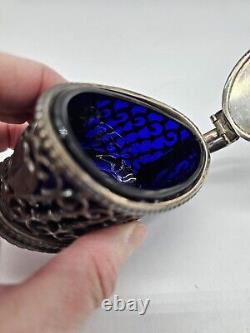 Antique Sterling Silver Mustard Pot, Spoon And Cobalt Blue Glass Lining England