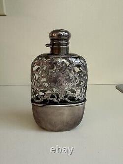 Antique Sterling Silver Overlay And Glass 2 Piece Flask