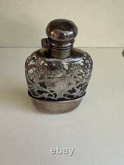 Antique Sterling Silver Overlay And Glass 2 Piece Flask