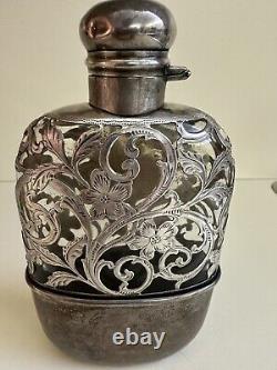 Antique Sterling Silver Overlay And Glass 2 Piece Flask